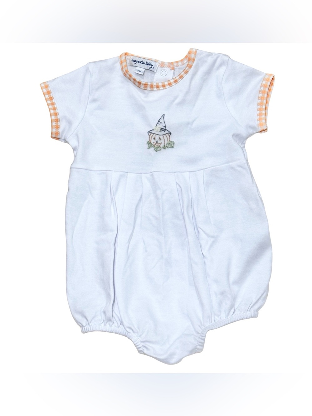 NWOT Magnolia Baby White & Orange Gingham Trim Halloween Baby Romper